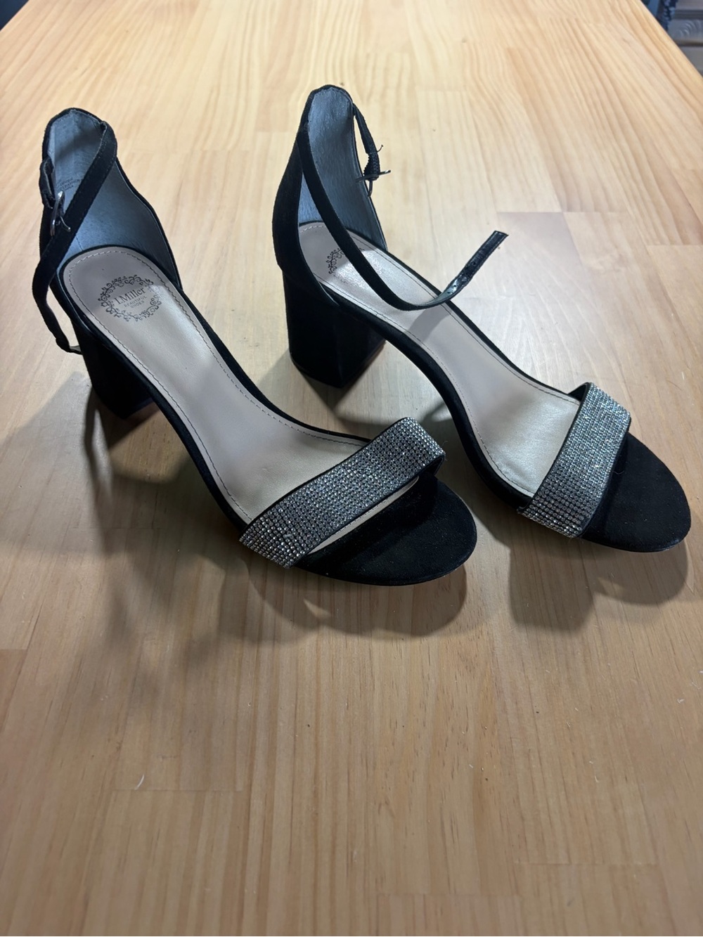 Black Block Heel Sandals with Crystal Strap A5